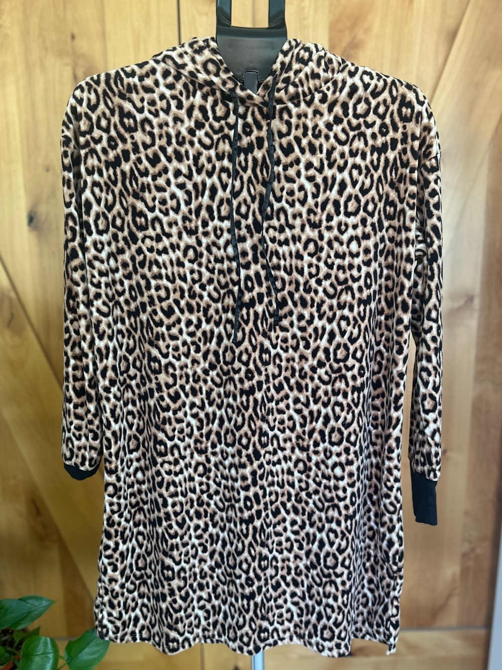 Betsey Johnson Leopard Print Fleece Hooded Lounge Tunic Dress Small